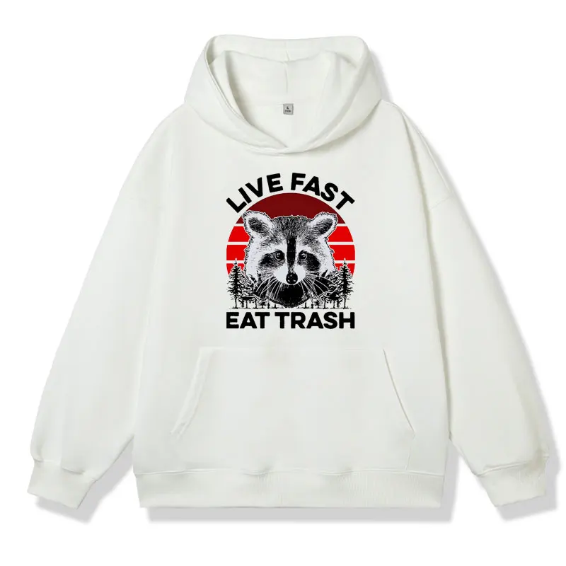 Hoodie de manga comprida para homens e mulheres, viver rápido comer lixo engraçado, Raccoon Camping Art, moletons de lã extragrandes, Meme Gift