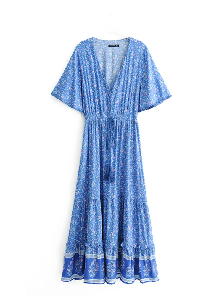 Vintage Chic Fashion Women Floral Print V-neck Rayon Beach Bohemian Maxi  Dress Ladies V Neck Tassel Summer Boho Dresses Robe - AliExpress