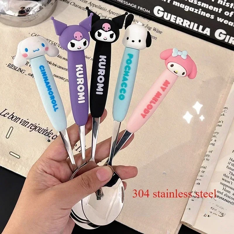 

Sanrio Hello Kitty kuromi 304 stainless steel spoon, children's cute eating spoon fork set, silicone cartoon doll gift tableware