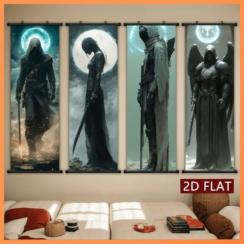 VIKAMA Shadow Hooded Blade Wall Tapestry Moon Halo Armor Winged Angel Fantasy Scroll Art Home Decor Cute Kawaii Soft Durable