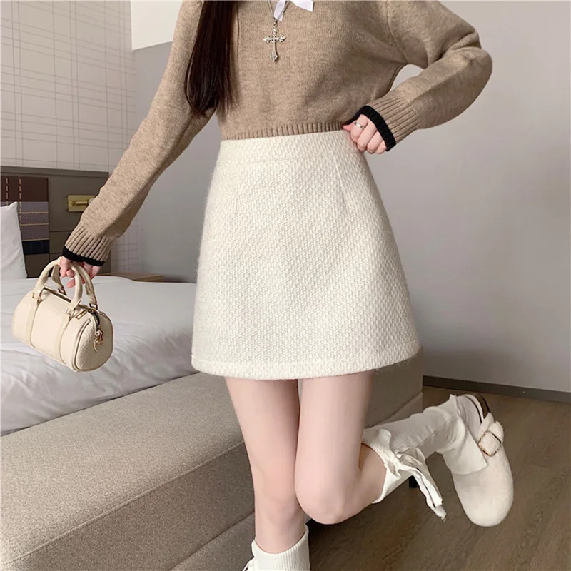 Women's Woolen Sexy Sheath Skirts Shiner Slim A-line Skirts Autumn Winter New Streetwear Versatile Tweed Short Skirts