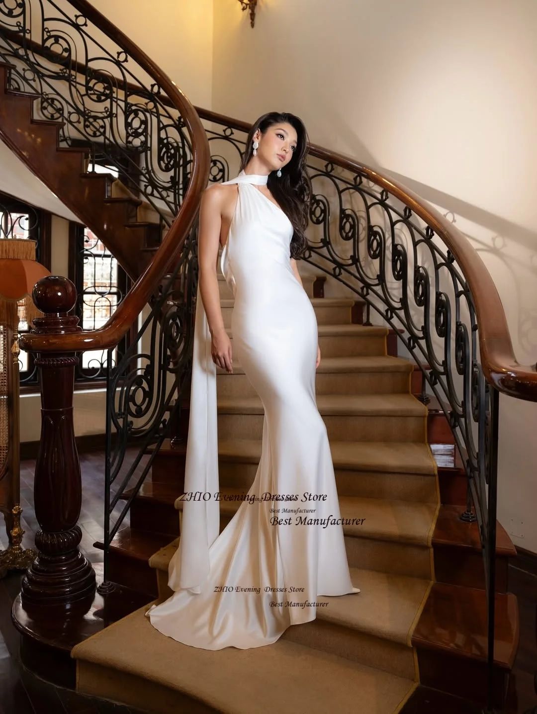 ZHIO-vestido de noche clásico de satén, sirena, color marfil, con bufanda, vestido de fiesta largo sin tirantes, cola capilla, vestido de graduación sin espalda personalizado