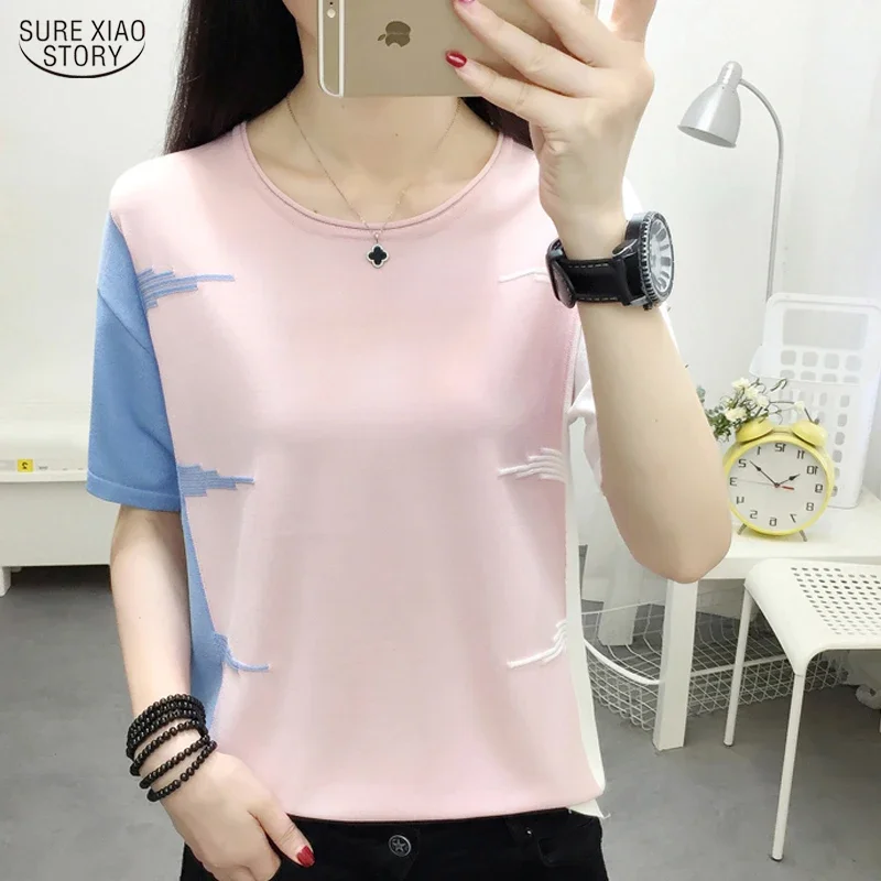 Women 2022 Summer Thin Knitted T-Shirt Pink O-Neck T Shirts Women Casual Woman T-Shirts Hit Color Tops Tee Shirt Femme 9761