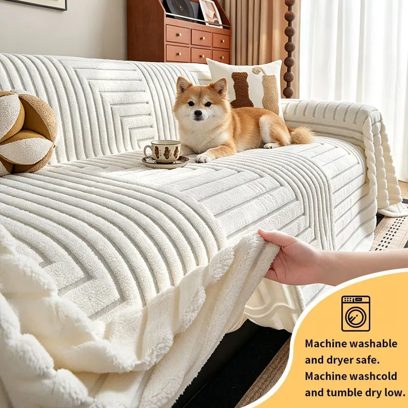 1PC-Solid color line pet friendly sofa cover, anti slip and scratch resistant, suitable for cream style indoor spaces