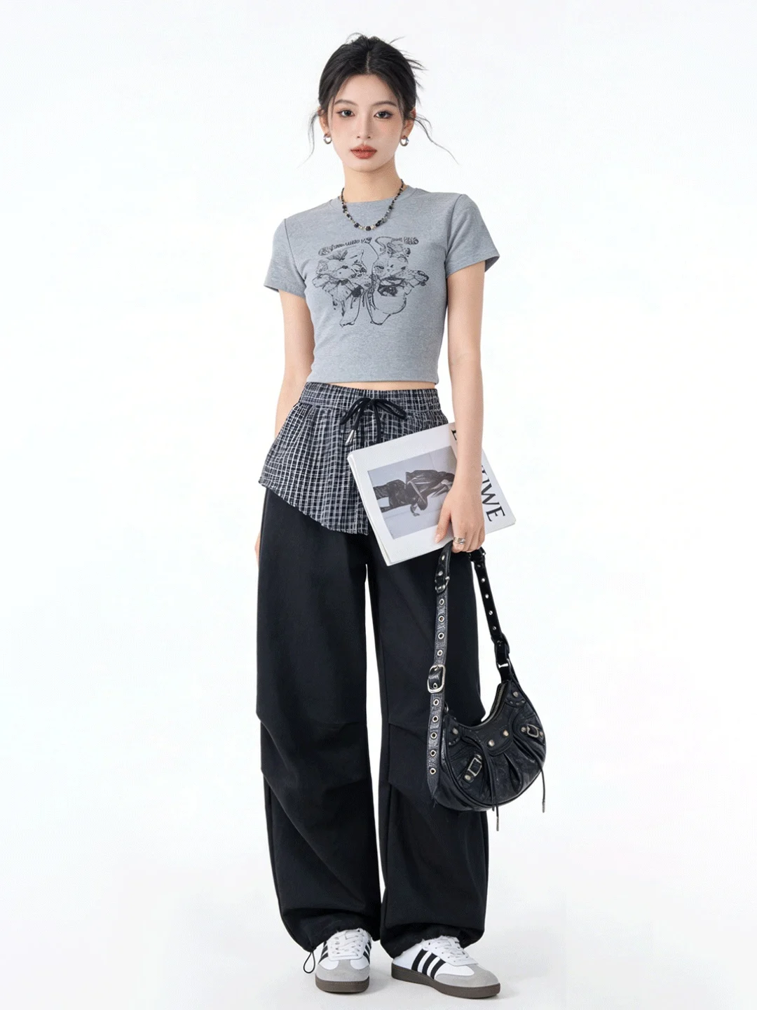 

Retro American Blue And White Plaid Splicing Color o Workwear Pants Casual Versatile Lazy Korean Wide Leg Sports Pants