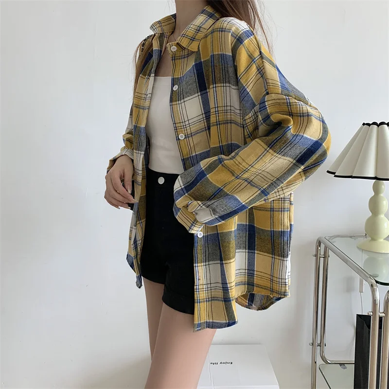 

Oversize Button Down Shirt for Women Plaid Shirt Ladies Autumn Long Sleeve Top Single Breasted Blouse Preppy Loose Check Shirts