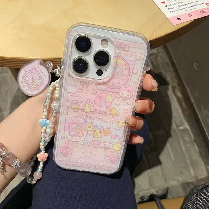 

Korean Cute Cartoon Phone Case For iPhone 16 Pro 15 14 Pro Max Back Cover with Hand Chain Shockproof Kawaii Protective Cases