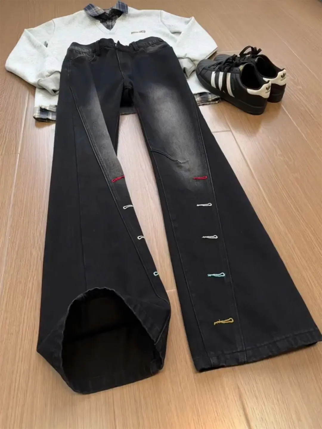 

American High Street Style Men's Black Straight Leg Jeans Design Sensation Clean Fit Flared Pants Casual Youth Fashion