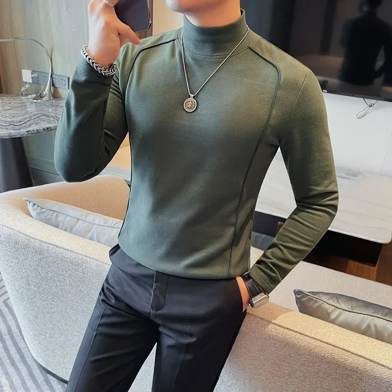 Autumn Winter Men Half High Collar Long Sleeve T Shirts High Quality Velvet Solid Color Slim Fit Casual T-Shirt Men Clothing 4XL