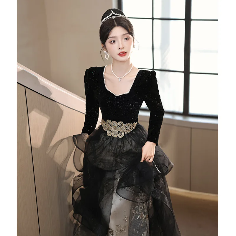 Black Velvet Evening Dress French Beaded Square Collar Formal Banquet Gown Elegant Applique Princess Fluffy Dress Party Vestido