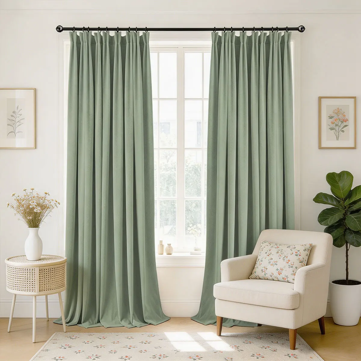 Sage Green Velvet Blackout Curtains 2‑Pack, Pinch Pleat Hook Top Drapes, Modern Solid Curtain for Bedroom Living Room Home Decor
