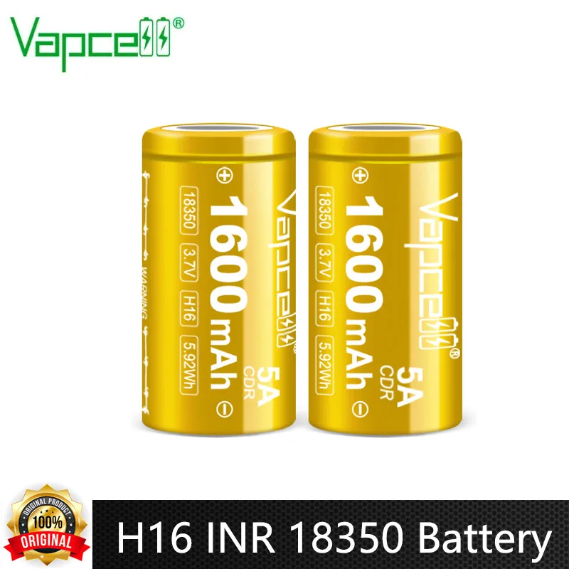 Original Vapcell H16 INR 18350 Battery 1600mAh Capacity CDR 5A 3.7V Rechargeable Lithium-ion Batteries For DIY Battery Pack