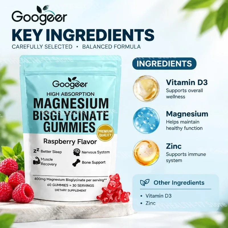 Magnesium Bisglycinate Gummies with Muscle Recovery Support and Daytime Focus Support Raspberry Flavor  60 Gummies