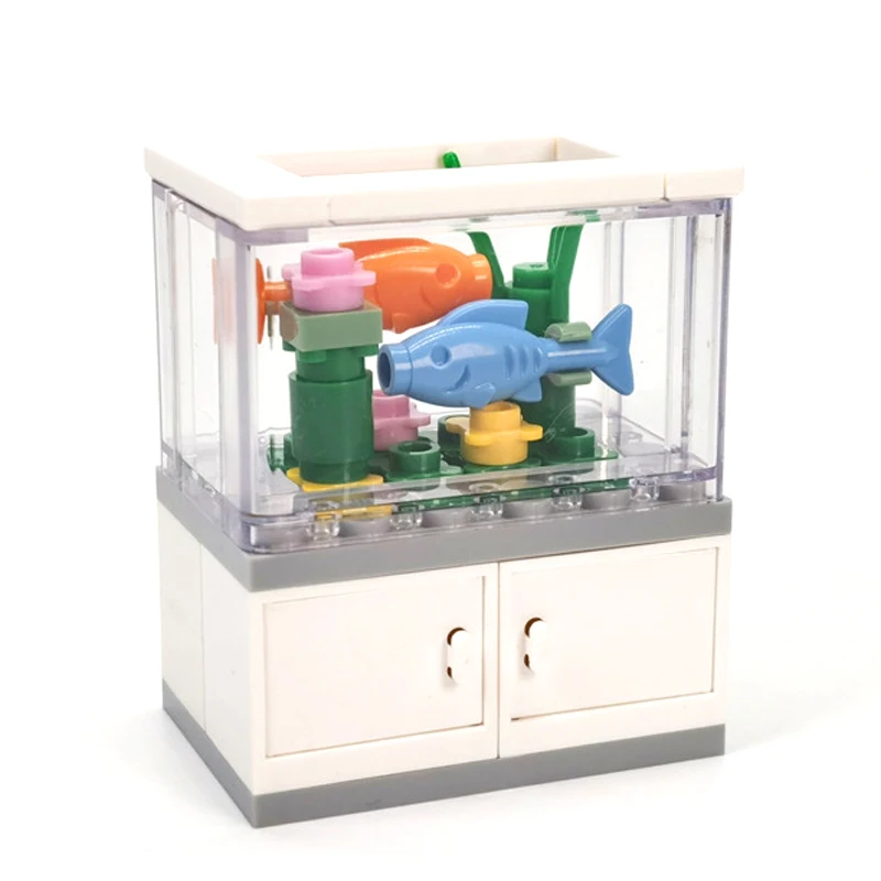 Ovly Fish Tank Building Blocks MOC City Scene Sea LivingRoom Interior Decoration Assembled DIY Fish Reptile Climbing Pet