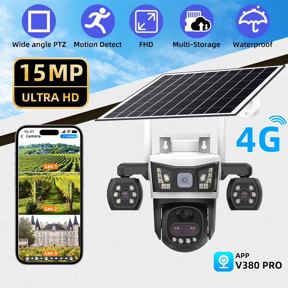 

15MP 6K 3 Lens Solar Security Camera 4G SIM Outdoor Waterproof PIR Night Vision Two Way Audio Mobile Tracking Security Cameras