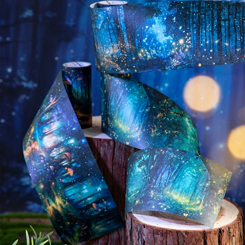 6 Gulungan/Paket Selotip Washi - 8Cm×200Cm - Pola Hutan Langit Berbintang Ajaib, Warna Cerah, Perekat Tahan Lama Cocok untuk Perencana, Jurnal, Botol Air, Kerajinan DIY, Dekorasi Hutan Ajaib, Dekorasi Gaya Alami, Kertas Berkualitas Tinggi, Stiker Dekoratif Eksklusif untuk Penggemar Buku Harian