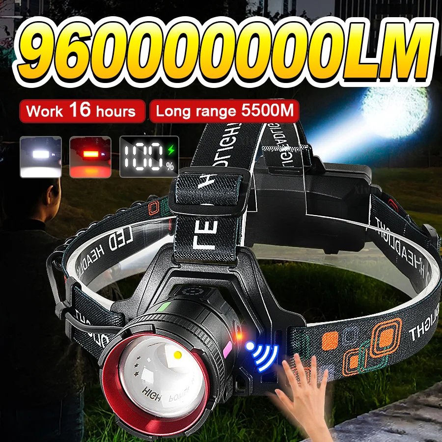 

Сверхмощный налобный фонарь 960000000LM с датчиком, перезаряжаемый, светодиодный, водонепроницаемый, для работы на улице и в экстренных ситуациях