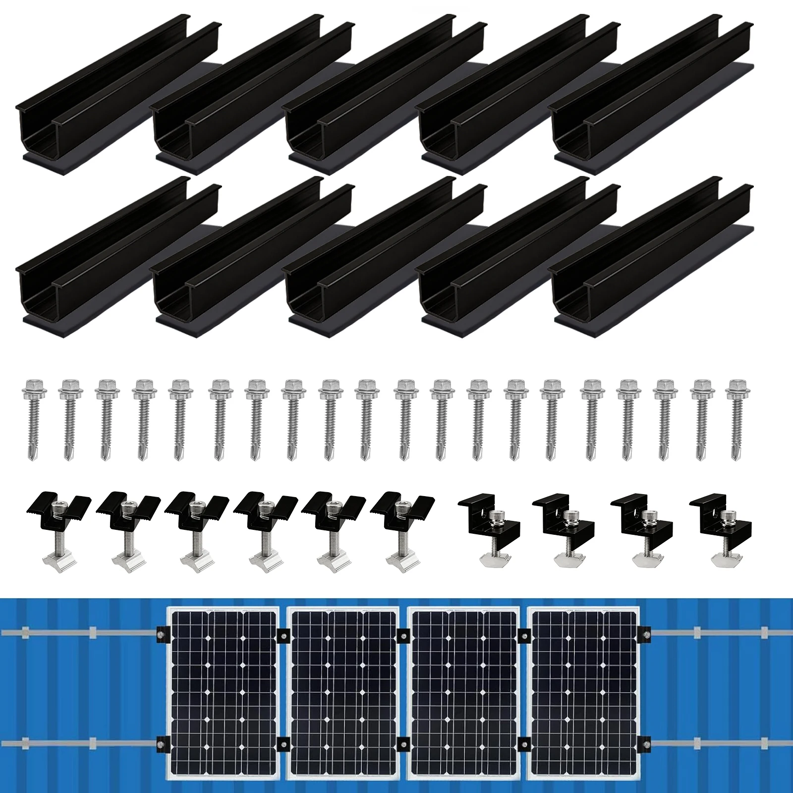 10-teiliges Solarpanel-Montagehalterungs-Set, 120mm Aluminium-Montageschiene Solar-Montagekit für Flachdach PV-Montageschiene