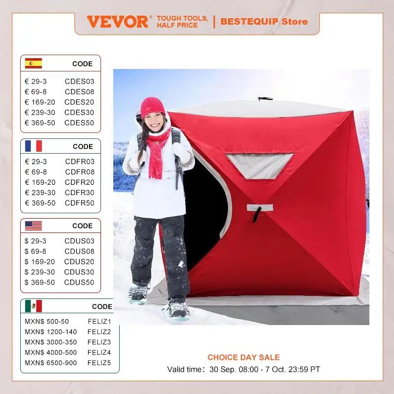 VEVOR Ice Fishing Tent Warm Winter Large Space Thick Camping Outdoor Windproof Waterproof Snow Ultralarge Fishing Camping Tent