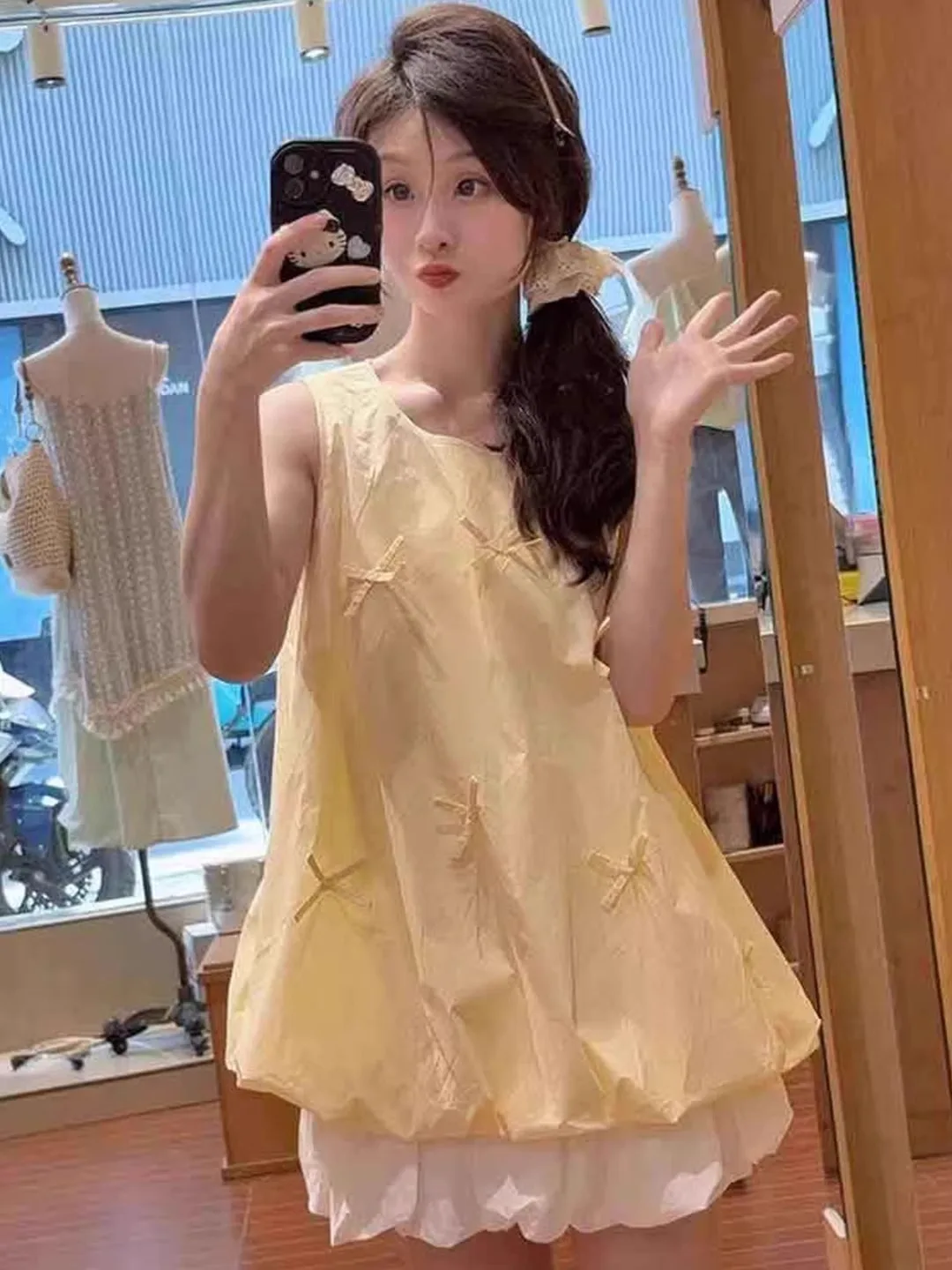 Mignon doux fille Fre Sle Svel haut jaune étudiant gilet fleur jupe Ensemble été Faion femmes ort jupe Ensemble