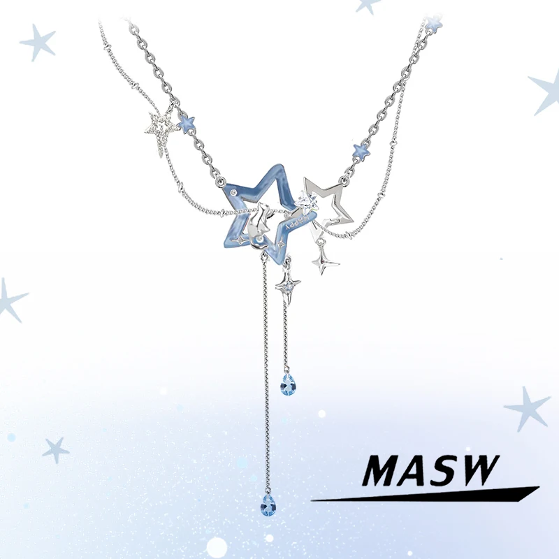 

MASW Original Design Blue Hollow-out Star Tassel Necklace For Women Party Gifts Modern Jewelry Delicate Popular Accessories