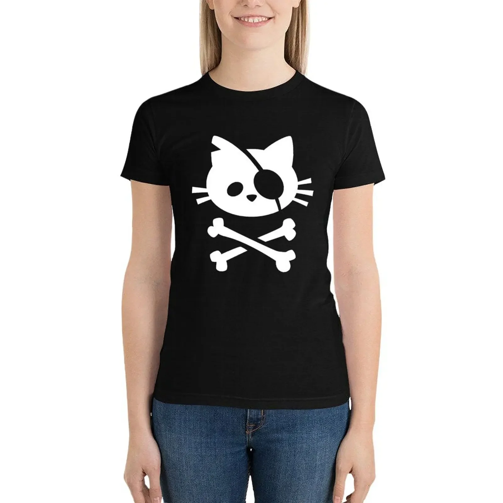 

Cute Pirate Cat: Skull and Crossbone T-Shirt graphics animal print shirt for girls lady clothes white t shirts for Women