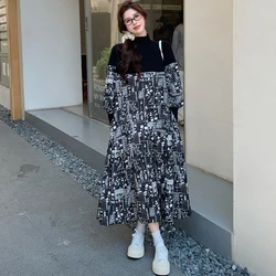 Women's Loose plus Size Knitted Patchwork Hoodie Dress Autumn Winter Long Sleeve Flower Print Robe Coat Elegant Lady Vestidos