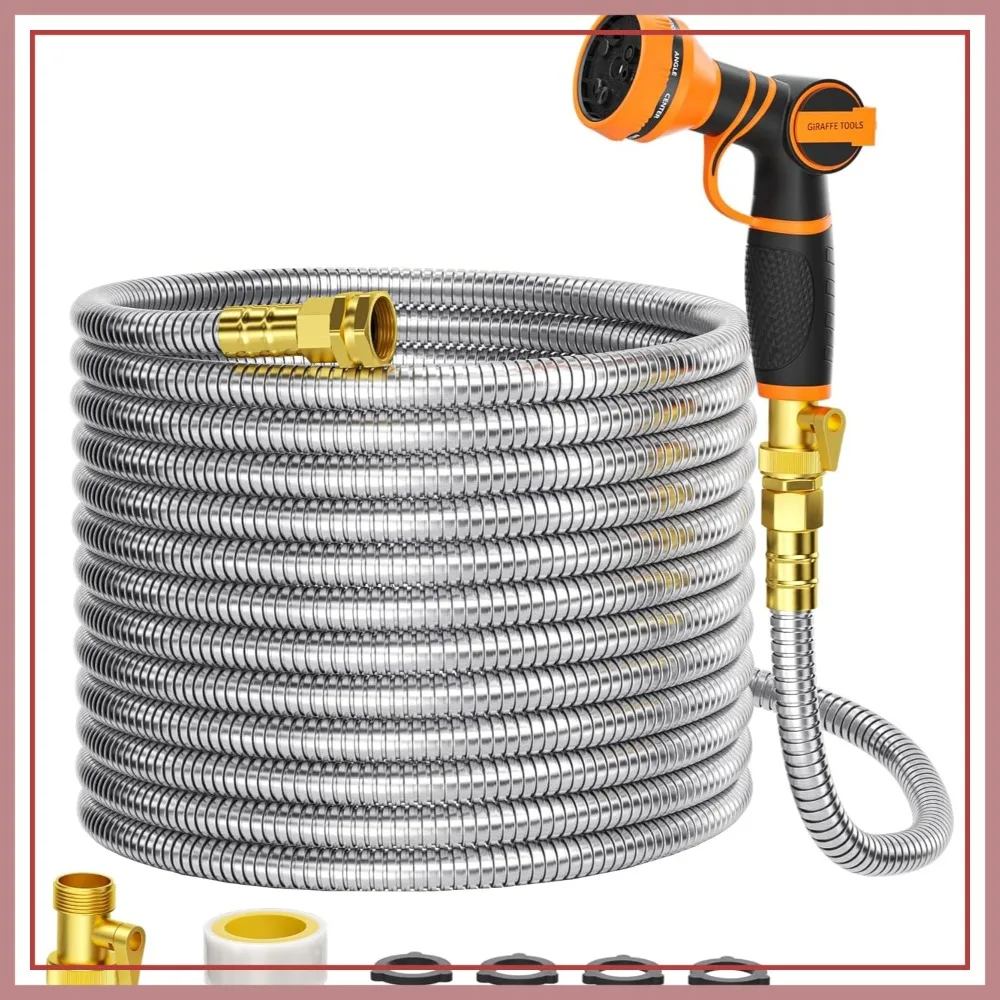 

100ft x 5/8" 304 Stainless Steel Garden Hose, No Kink, Flexible & Lightweight with 9 Pattern Nozzle