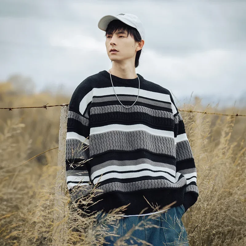 Autumn/winter Stripe Splicing Round Neck High-quality Knitted Sweater for Men\'s New Loose Fashion Brand Casual Couples Sweater