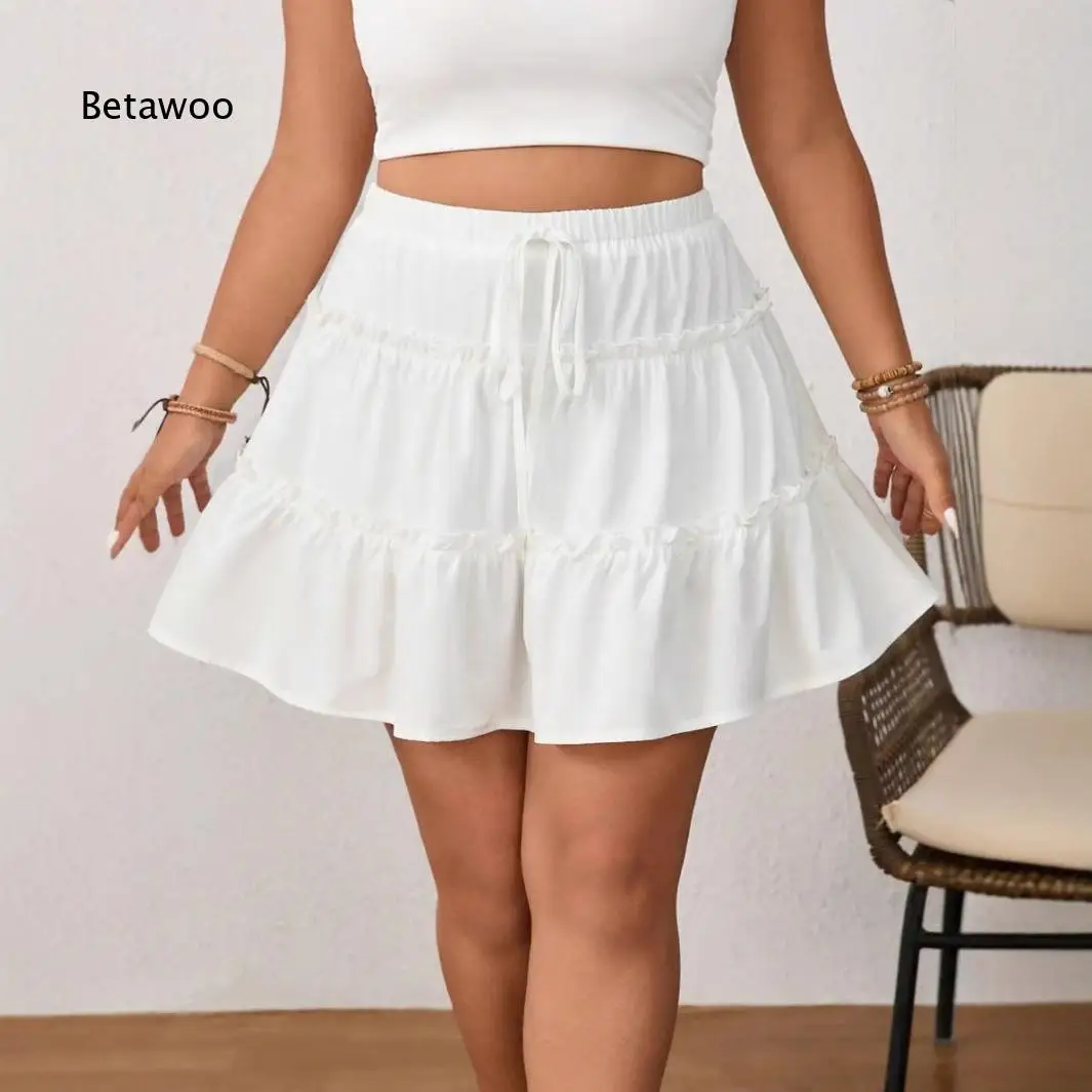 Women Summer Tiered Skirt Adjustable Strap Fake Two Piece Design Anti Exposure Short Skirt Sweet Style Bottoms For Beach Party