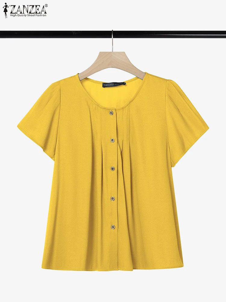 

ZANZEA Denim-Look Button Up Tunic Tops Casual Summer Short Sleeve Womens Shirts Fashion Contrast-Stitch O-Neck Chemise Femme