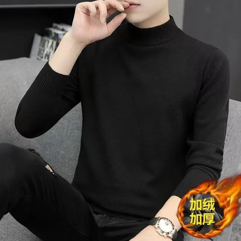 

Winter Men's Turtleneck Sweater Men's Velvet Thickened Korean Style Slim-fitting Sweater Pullover Warm Base Top