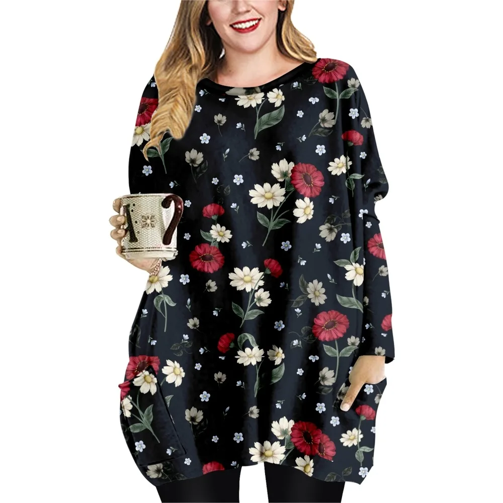 NEUE Blumen Druck Frühling Herbst Lose Beiläufige Stil Damen T-shirt Doppel Tasche Kleid Rundhals Langarm Kleid-