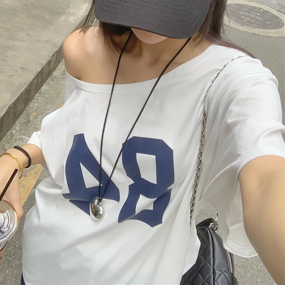 

Women Summer Vintage Off Shoulder T-Shirt Casual Loose Short Sleeve Top with Number Print for Vacation Holiday and Daily Wear