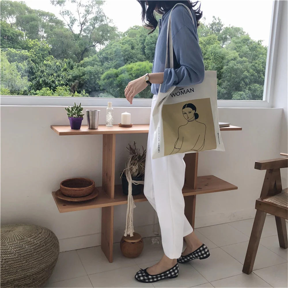 Harajuku Canvas Female Shopper Bag Simple Women Shoulder Bags High Capacity Open Zipper Lether Cloth Book Bags Bolsas De Lona