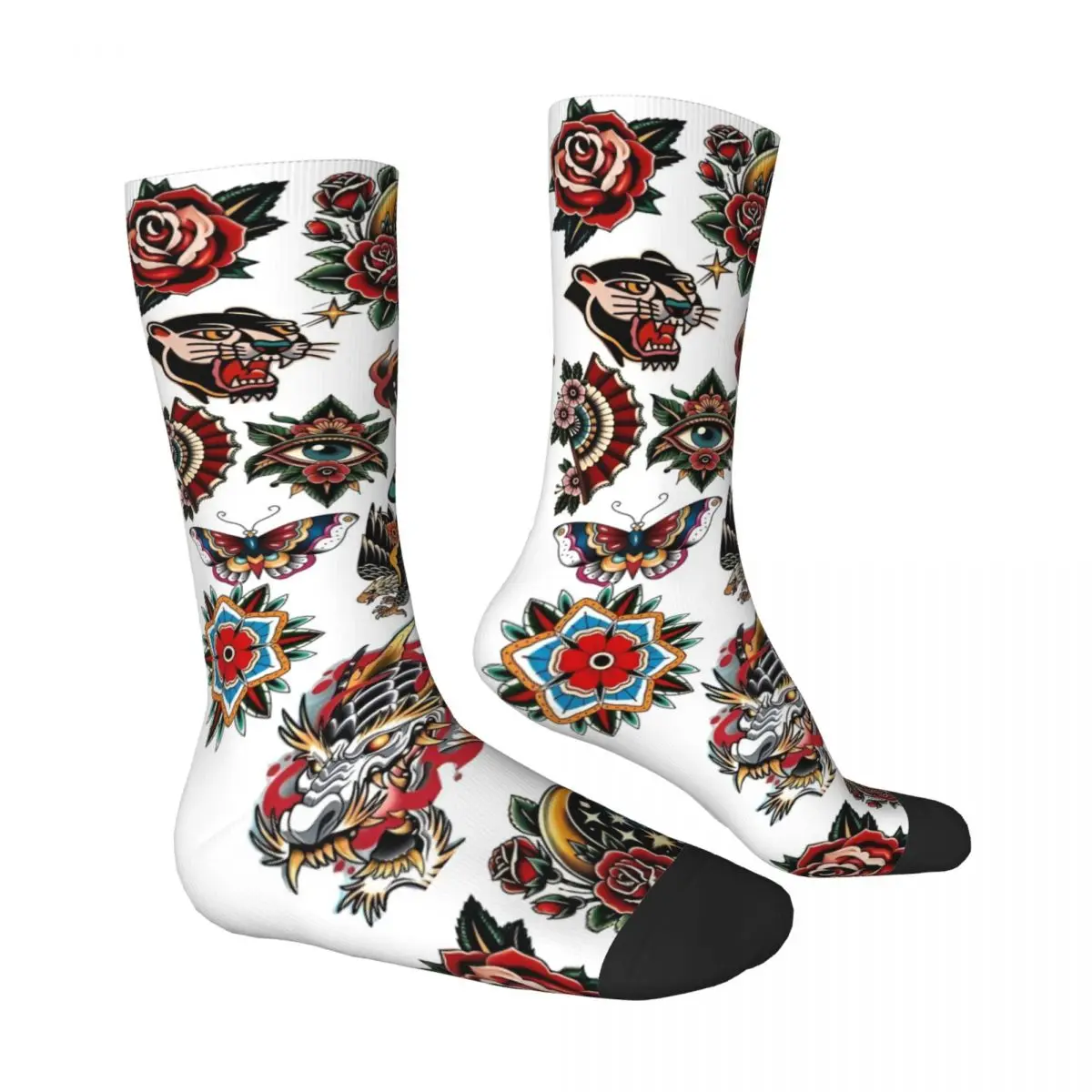 ヴィンテージタトゥーバタフライプリントソックス エレガントなストッキング 秋用滑り止めメンズソックス 暖かく柔らかなグラフィックスケートボードソックス
