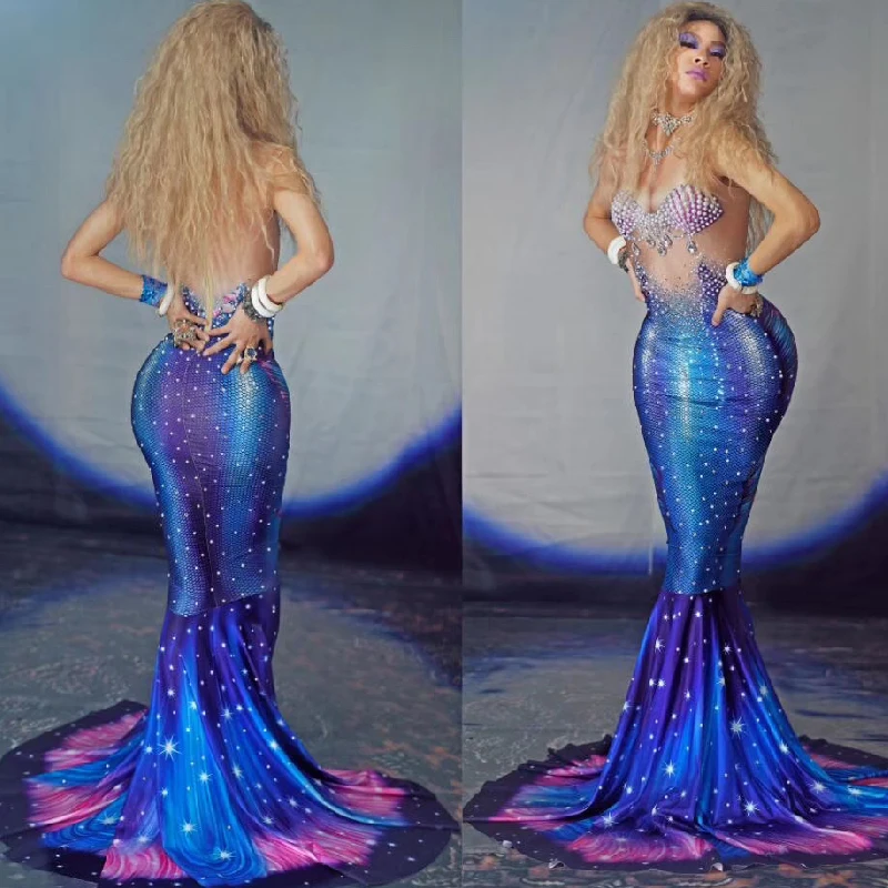 

Sexy Mermaid Rhinestone Fishtail Long Dress Blue Tailcoat Nightclub And Bar Party Character Performance Costume Shiny Costume
