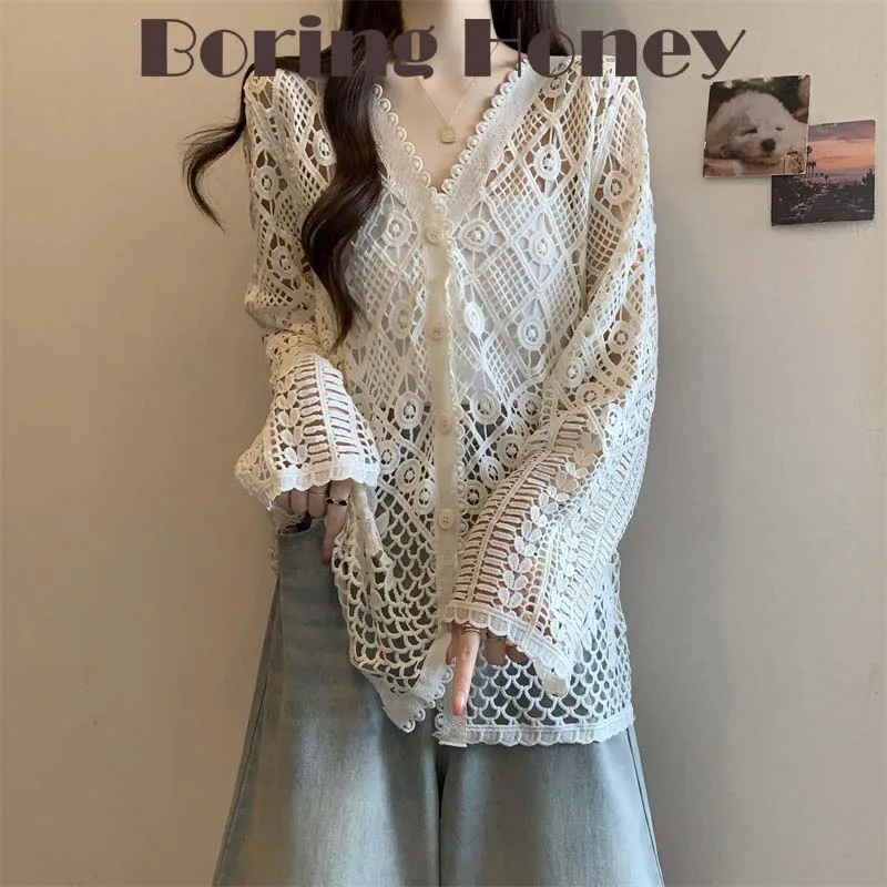 

Весенний топ средней длины больших размеров, винно-красный, во французском стиле, вязаный крючком кружевной вязаный кардиган, женская универсальная модная футболка