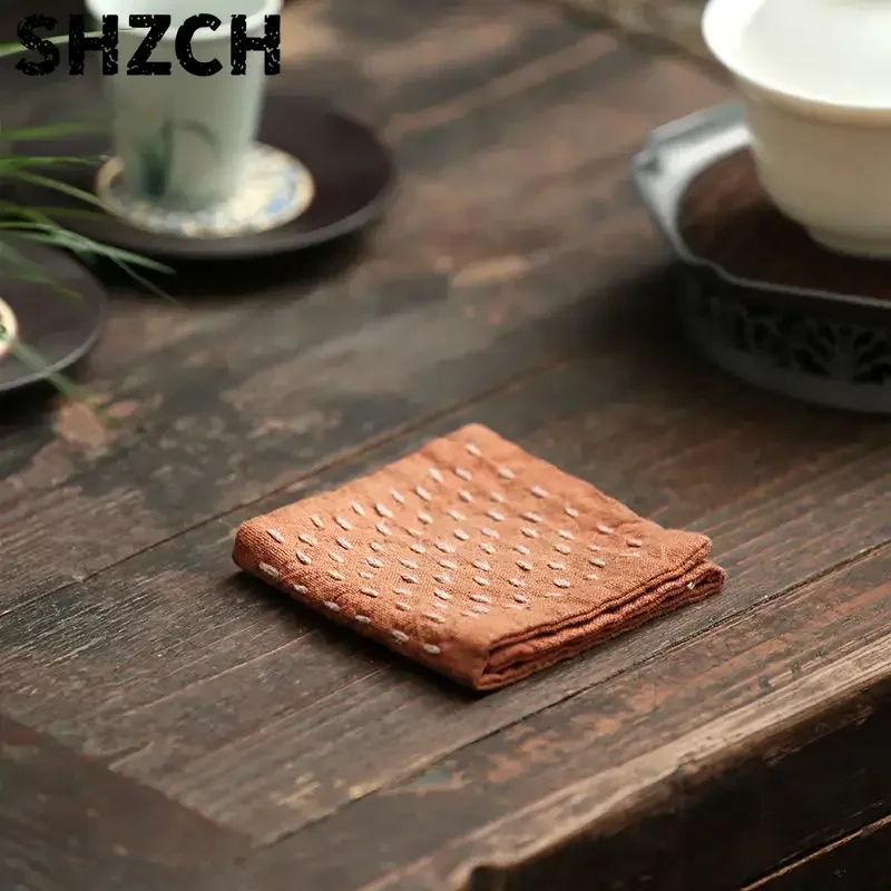 Japanese Style Hand Sewn Three Fold Water Absorbing Tea Towel Handmade Cotton Linen Tea Cloth Coaster Teapot Tea Towel ZF25