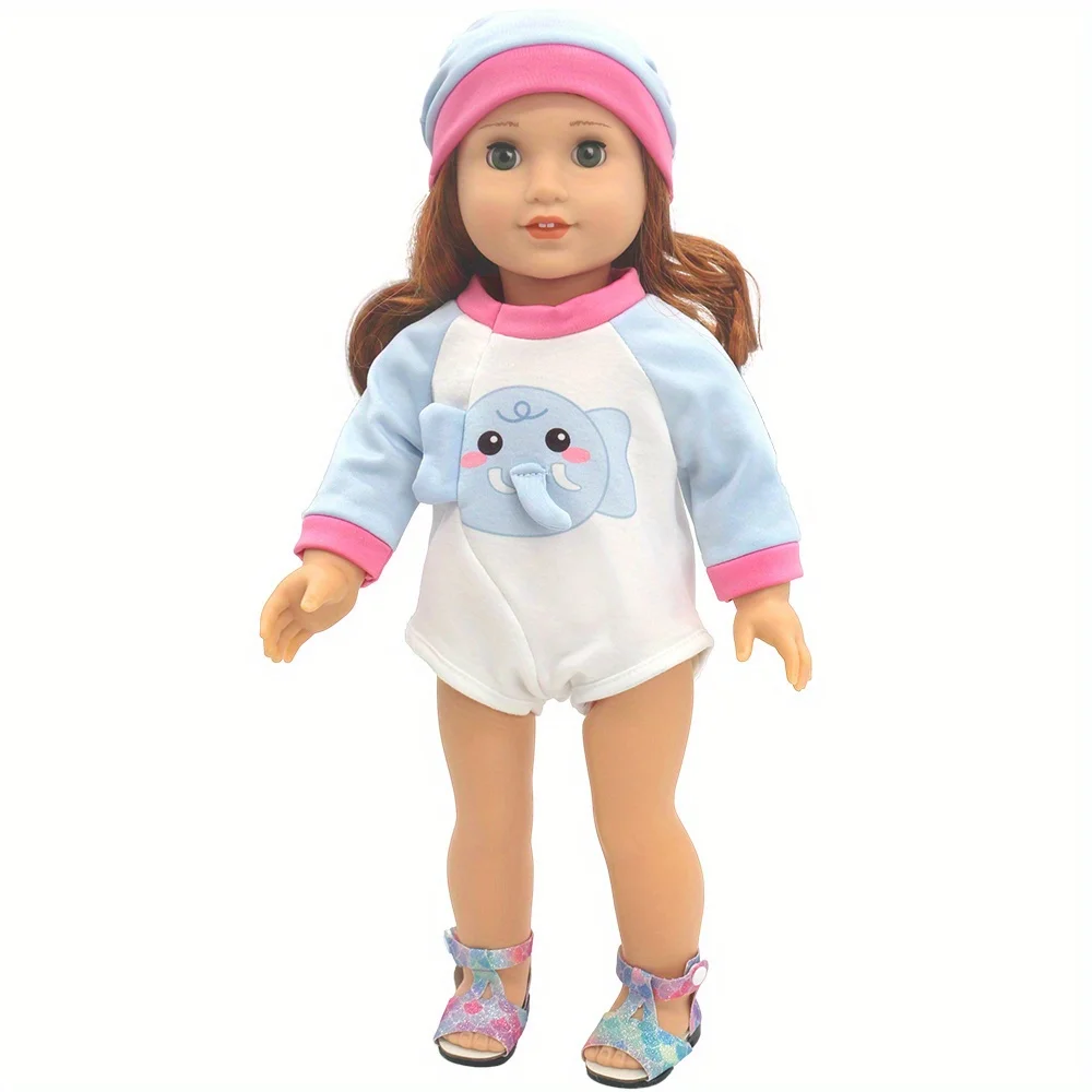 1 set of white and blue elephant romper doll clothes suit for 18-inch (45.7cm) doll girls. Suitable for American dolls