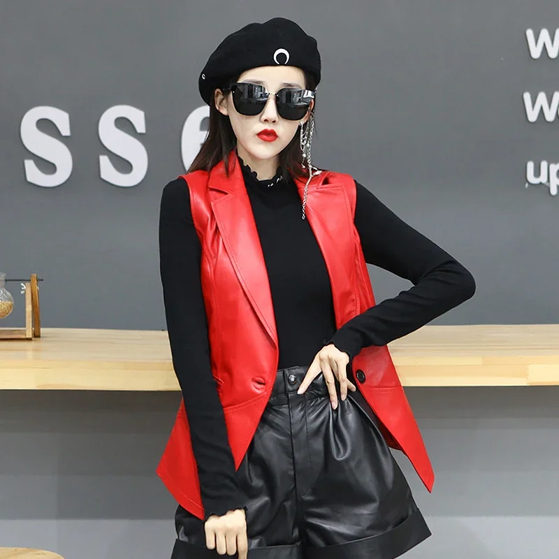 Tajiyane Weste Frauen Leder Weste Schaffell Eine Taste V-ausschnitt Leder Weste Mode Lässig Vielseitige Ärmellose Weste FCY110