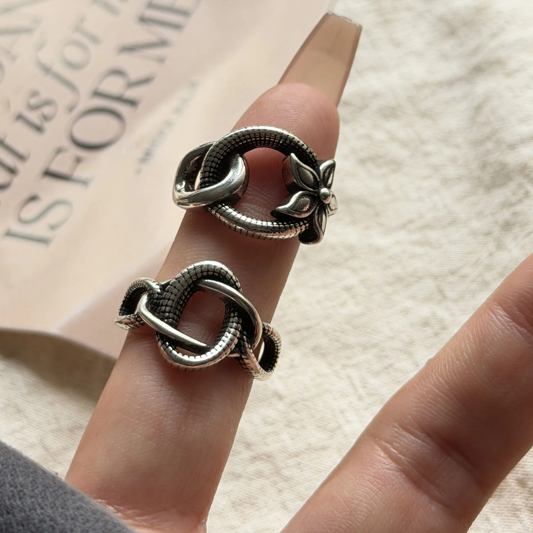 خواتم من الفضة الإسترليني عيار 925 للنساء زوجين الحد الأدنى اليدوية بسيطة كبيرة الرجعية حلقة متشابكة غرامة مجوهرات هدية منع الحساسية