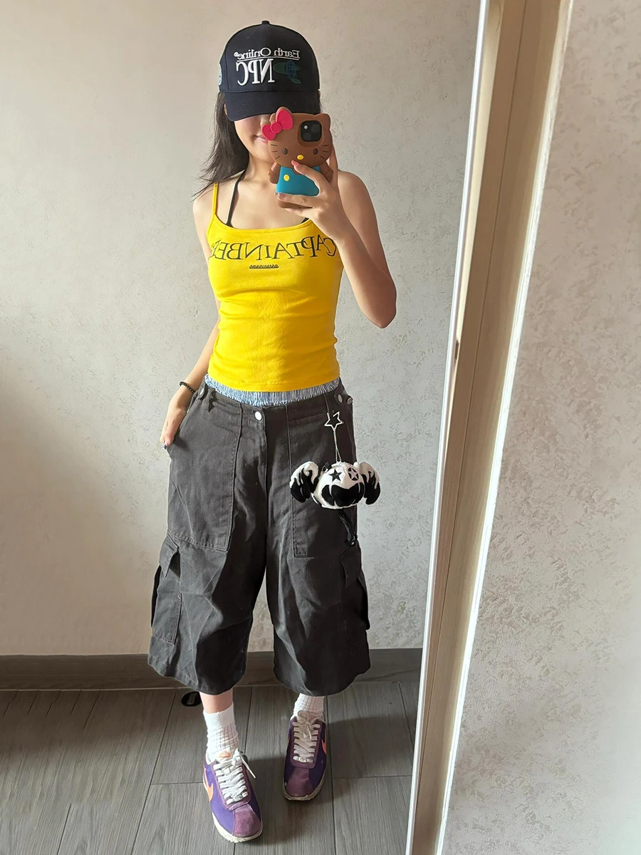 REDDACHiC 90s Retro Skater Cargo Short Pants Women Big Pockets Adjustable Low Waist Pintuck Wide Leg Baggy Jorts Hiphop Clothes