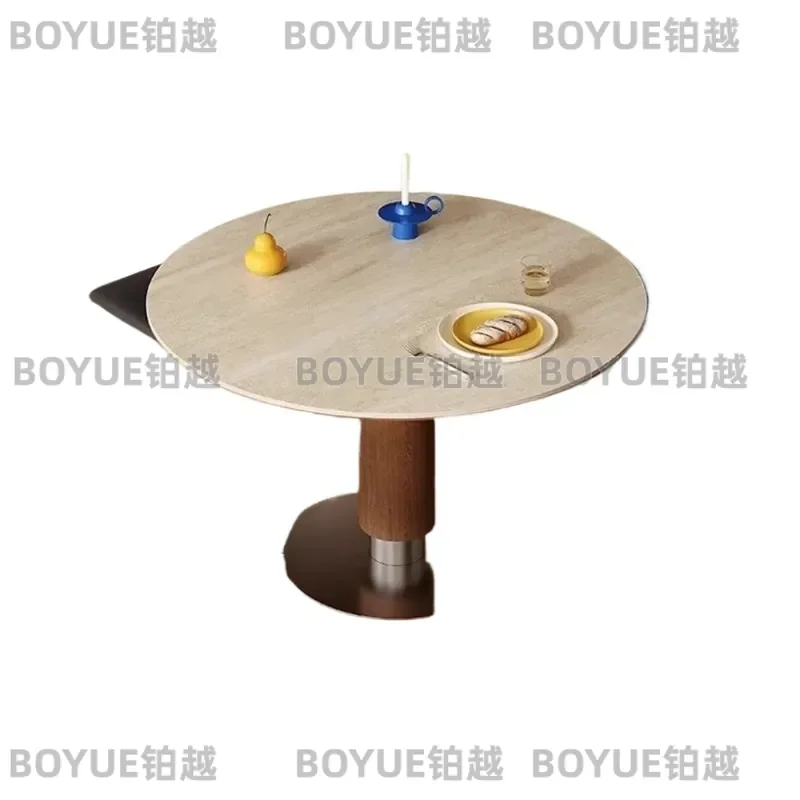 Round Dining Table Solid Wood Ash Rustic Steel Base Travertine Top Small Apartment Modern Bauhaus Style Compact Kitchen