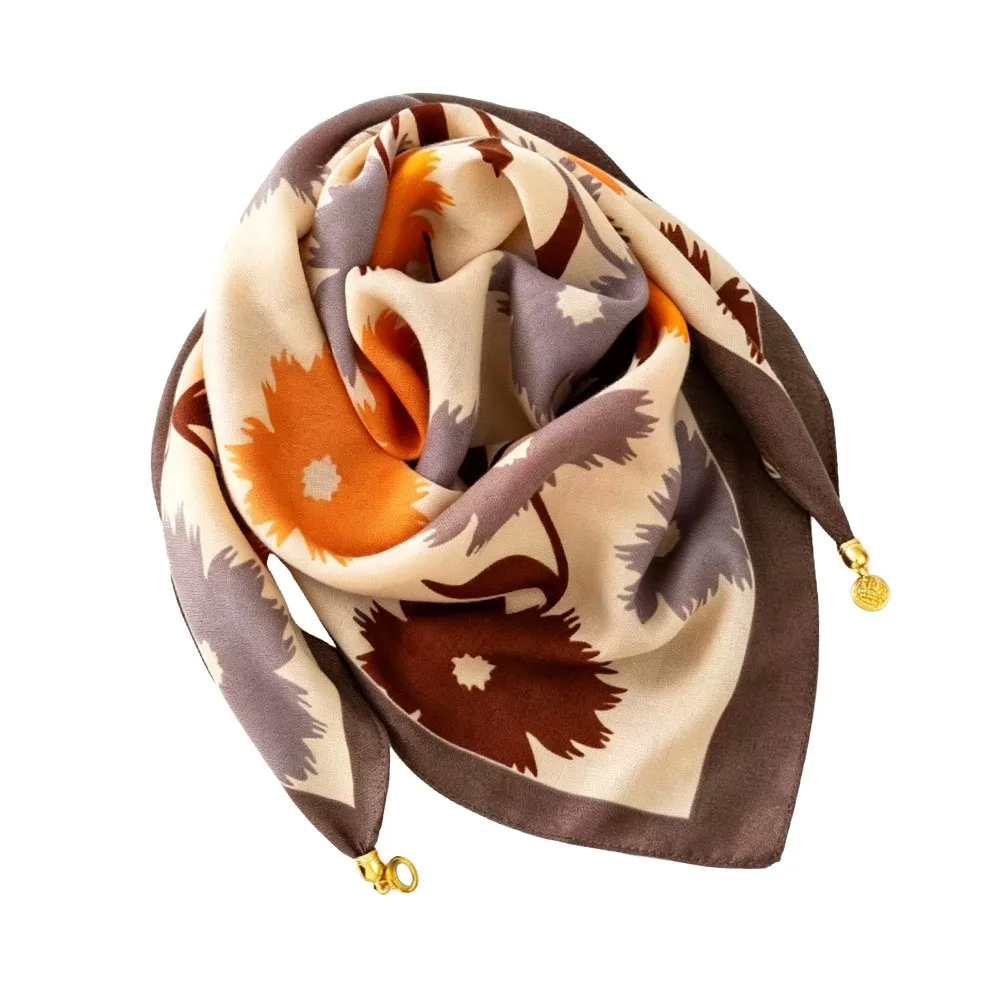 Fashion Magnetic Buckle Silk Scarf Lightweight Square Shape Floral Neck Kerchief Floral Print Square Scarf Daily Decor