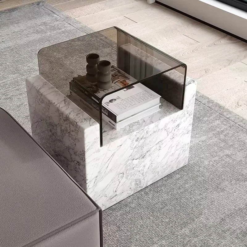 Modern Nordic Minimalist Living Room Furniture Toughened Glass Table Limestone Travertine Coffee Table Marble Side Table