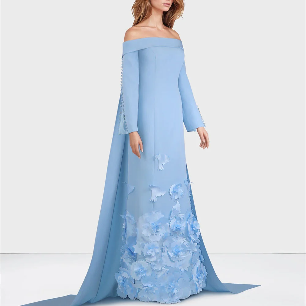 ROYET Blue Flower Evening Gown Strapless Full Button Sleeve A Line Floor Length Sweep Train Vintage Woman Prom Gown New