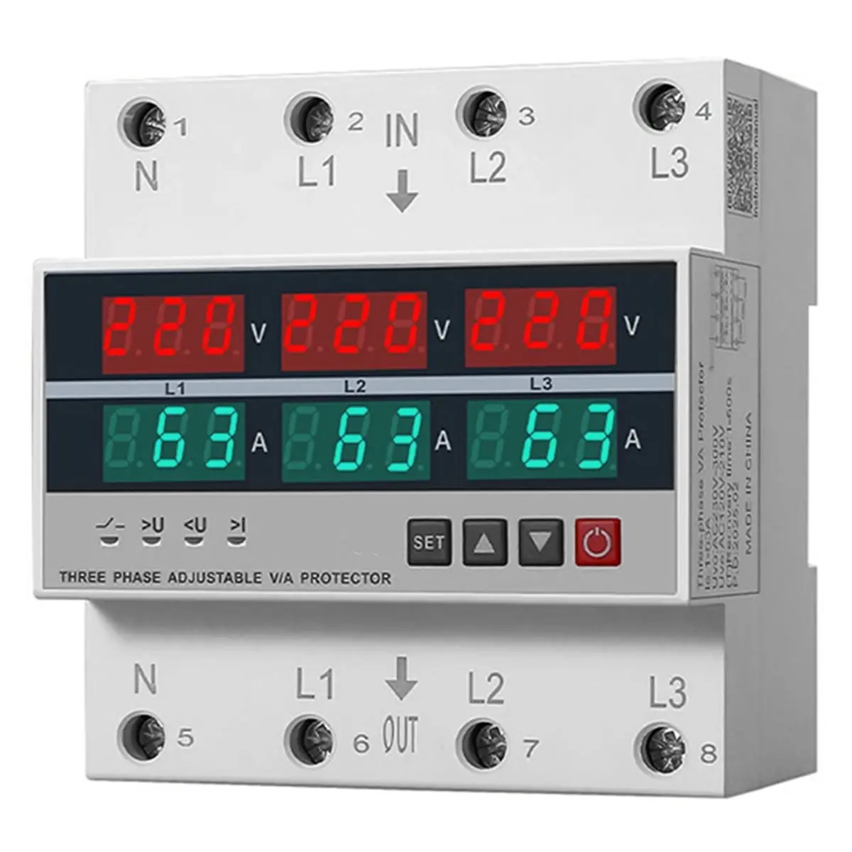 3 Phase Din Rail Voltage and Current Monitoring Relay with Adjustable Settings 100A