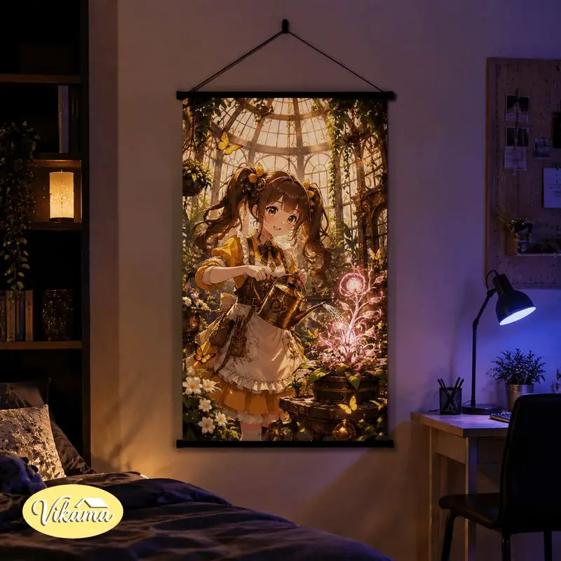 VIKAMA Steampunk Anime Girl Tapestry Vintage Gear Plant Art Wall Hanging Bedroom Living Room Aesthetic Home Decor
