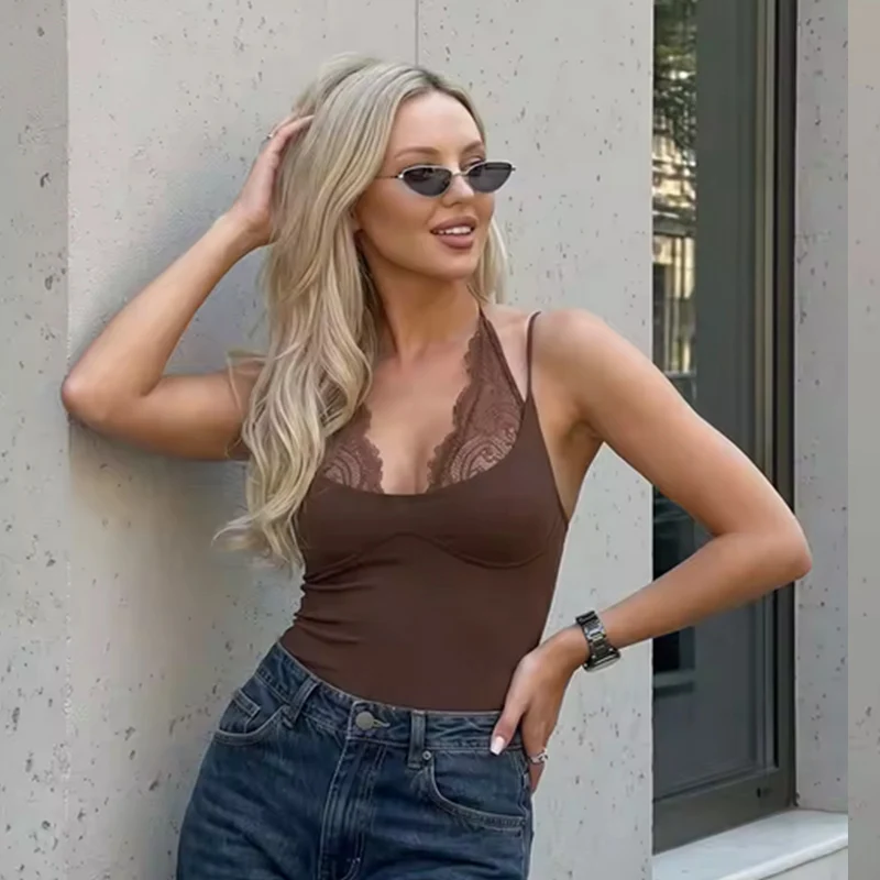 

Women's Bodysuits 2026 New Fashion Spring Summer Lace Panel Jumpsuits for Women Sexy Chic Personality Top